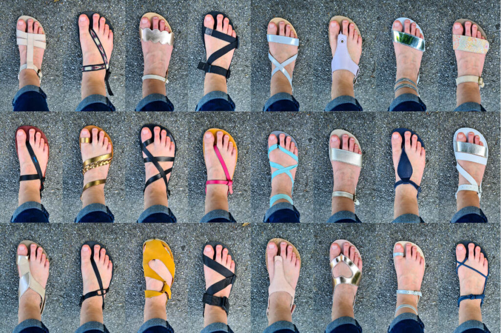 Collage of 24 barefoot sandals with different strap styles and colors shown from top view on feet