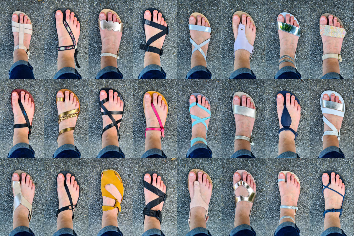 Collage of 24 barefoot sandals with different strap styles and colors shown from top view on feet