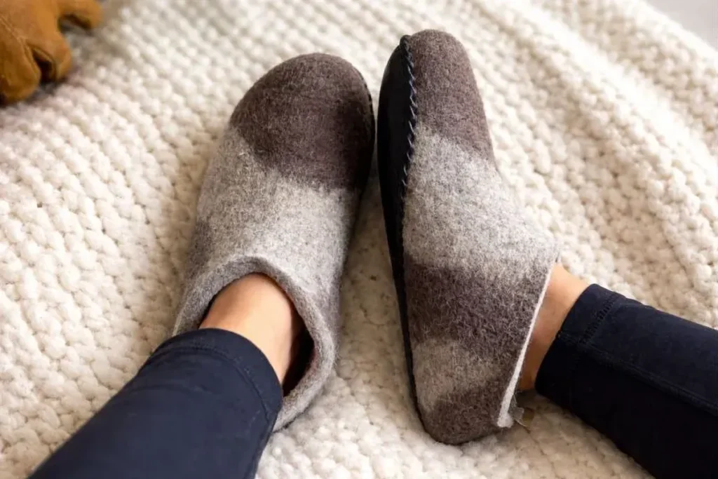 Wool barefoot slippers shown from above