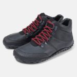 Black barefoot hiking shoes with red laces, product photo