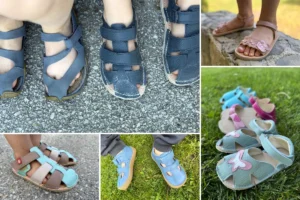 Kids barefoot sandals shown in different colors