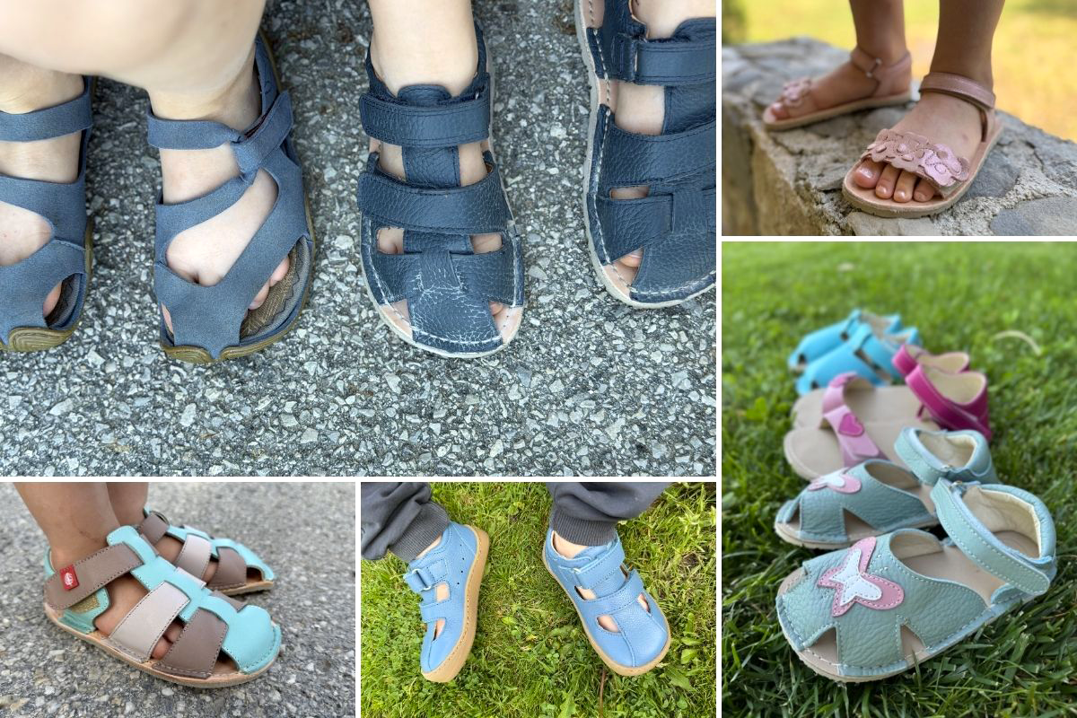Kids barefoot sandals shown in different colors