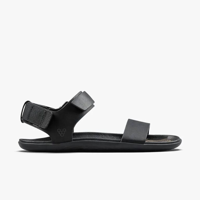 Black barefoot slide sandals with two buckle straps, product photo