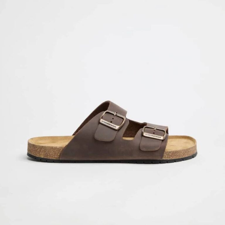 Brown barefoot slide sandals with two buckle straps, product photo
